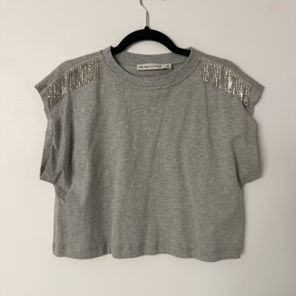 Rebecca Minkoff Gray Muscle Tee with Rhinestone Fringe